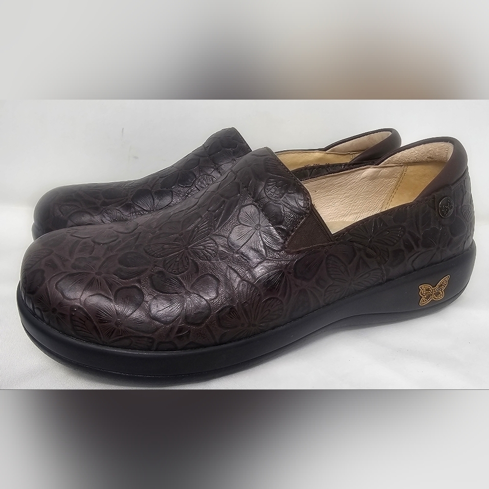 ALEGRIA Keli Brown Choco Flutter Tooled Slip On Professional Clog Sz 38 US 8/8.5